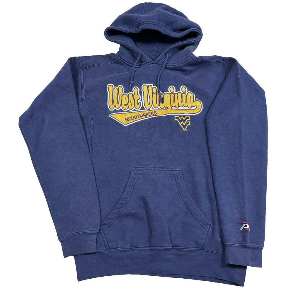 Vintage Y2K West Virginia Mountaineers Hoodie Men Small Blue Faded Sewn Baggy *